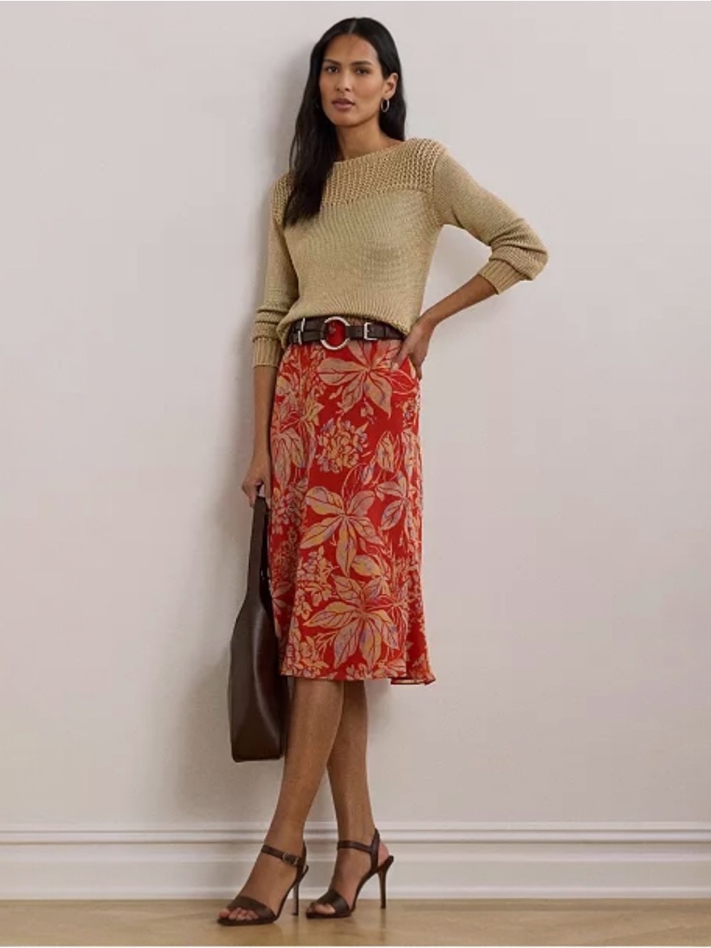 NWT Lauren Ralph Lauren Red Floral Crinkle Georgette Midi Skirt Size 16
